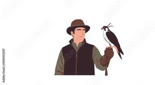 Man in Brown Hat and Vest Holding a Perched Falcon