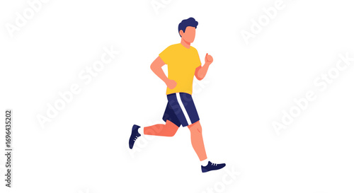 Man Running in Yellow Shirt and Blue Shorts, Vector Illustration