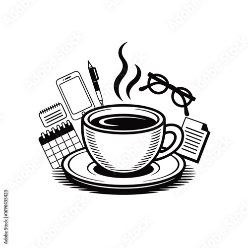 Coffee break with office supplies and steaming hot beverage
