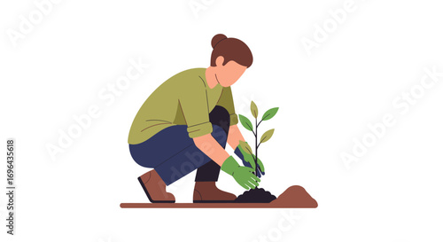 Person Planting a Sapling:  A stylized illustration of a person in a crouched position carefully planting a small green sapling into the dark brown soil, wearin