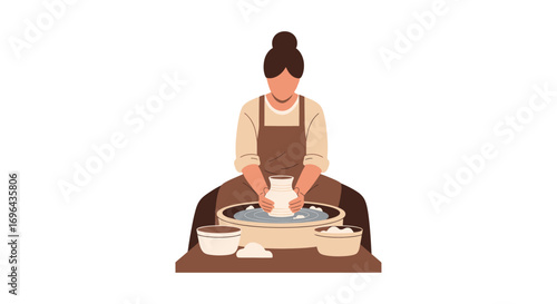Skilled female potter shaping clay on a wheel, creating a ceramic pot, flat illustration style