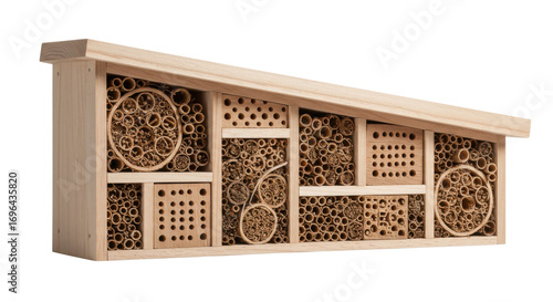 Insect hotel made of wood with various compartments and textures  