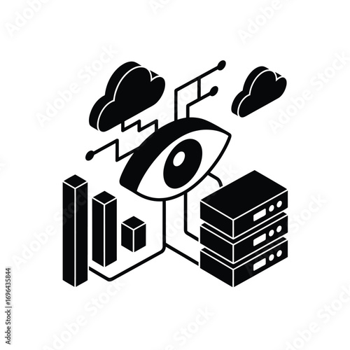 Digital surveillance eye connected to cloud servers and data towers