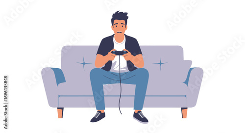 Smiling young man playing video games, sitting on a couch, holding a black wired controller