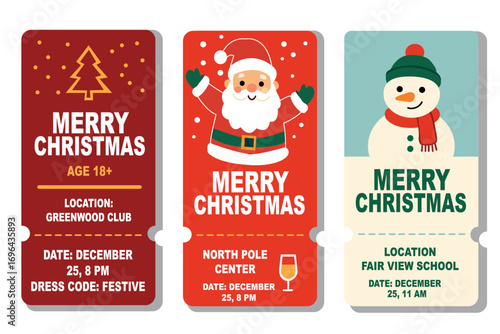 Three Christmas Event Tickets Featuring Santa and Snowman for Adults 18 and children, with Festive Dates and Locations
