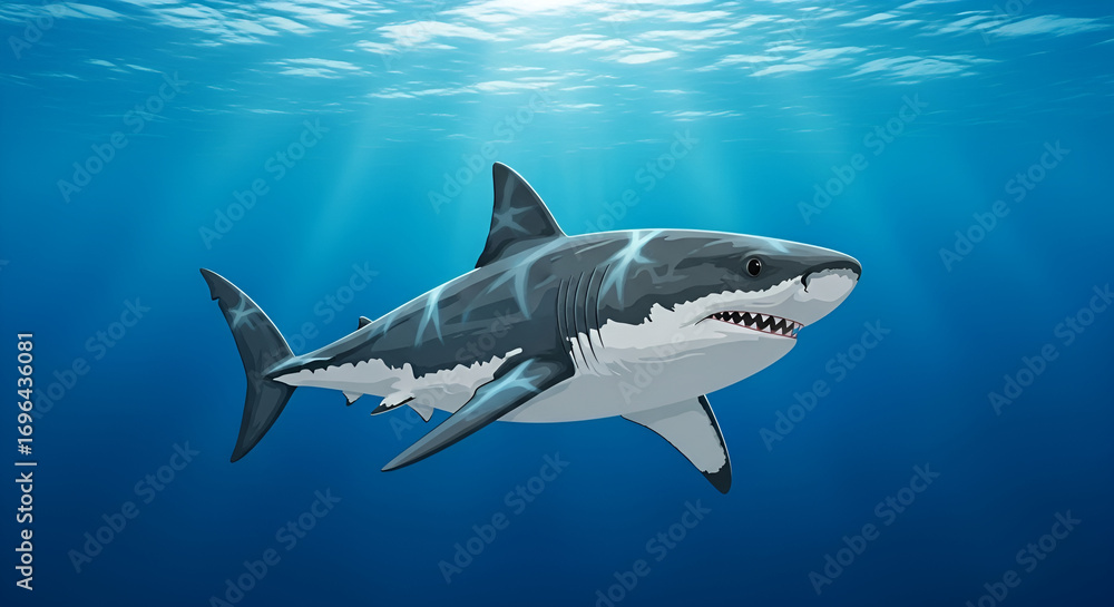 Obraz premium Great White Shark Swimming in the Ocean Majestic Predator in Deep Blue