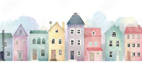 Watercolor Village Illustration with Colorful Houses and Snow Falling Creating a Whimsical Winter Scene Art Print