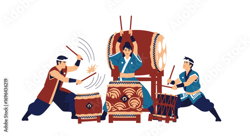 Three Performers in Traditional Japanese Attire Playing Taiko Drums
