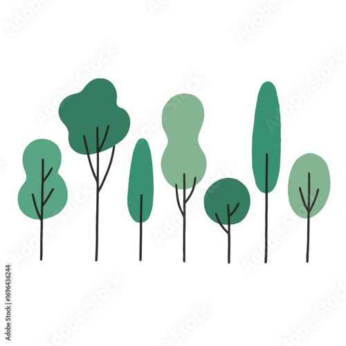 A collection of different stylized green trees, suitable for nature-themed projects, landscape illustrations, or ecological concepts.
