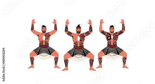 Three Vector Illustrations of Maori Warriors Performing Traditional Haka Dance