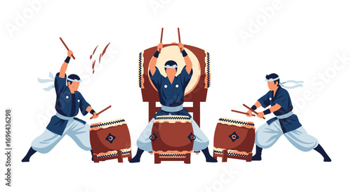 Three Taiko Drummers Performing with Sticks on Traditional Drums
