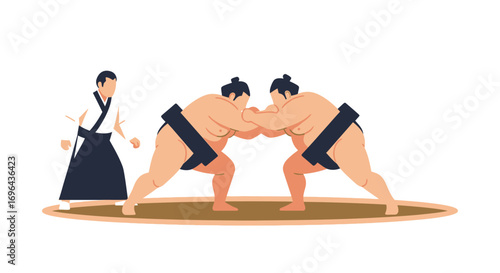 Two Sumo Wrestlers in Action, Facing Each Other, Ready to Fight