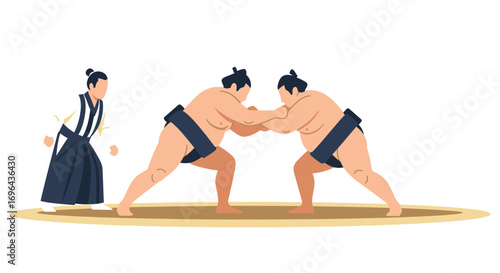 Two Sumo Wrestlers Engaging in a Match with Referee Watching