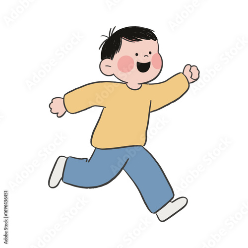 A cute and happy boy with a big smile and rosy cheeks, running with joy in a yellow long-sleeve shirt.