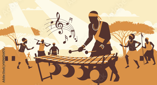 Vibrant African tribal celebration with musicians playing a large wooden xylophone and dancing villagers