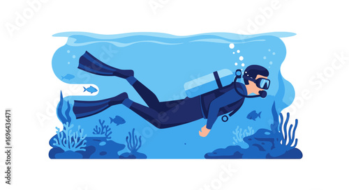 Underwater Diver in Blue Diving Gear Exploring Coral Reefs