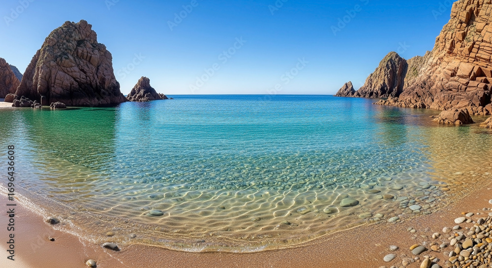Obraz premium Serene Coastal Cove Crystal Clear Waters and Rocky Shores