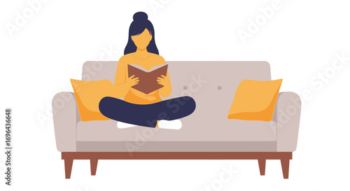 Woman Reading a Book on a Sofa with Orange Pillows