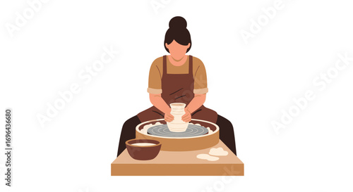 Woman Shaping Clay on Pottery Wheel with Apron and Bun Hairstyle