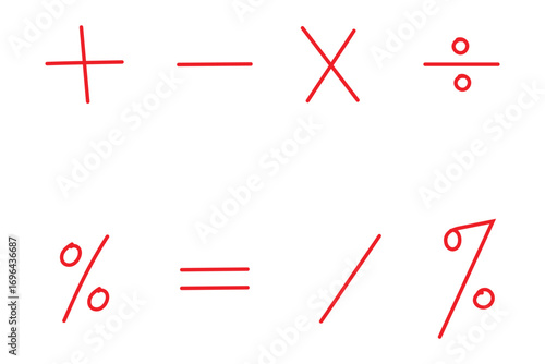 Hand drawn math symbol, plus, minus, multiplication, divide, equal, percentage icon vector illustration