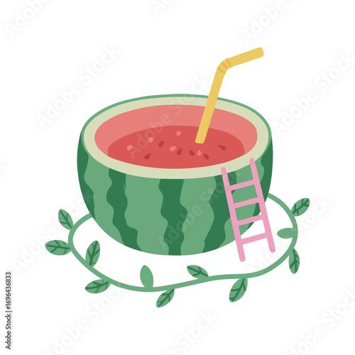An adorable illustration of a half-watermelon turned into a miniature pool with a straw and a pink ladder, perfect for summer concepts.