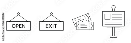 Open exit, entry ticket, information board icon vector illustration for museum, gallery, event, exhibition navigation and visitor direction signage.