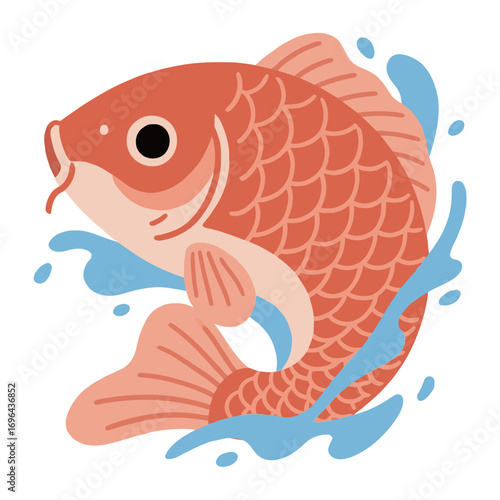 A vibrant and stylized illustration of a red koi fish leaping out of blue water, symbolizing good luck, prosperity, and strength.