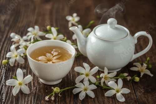 A teapot and cup filled wit...