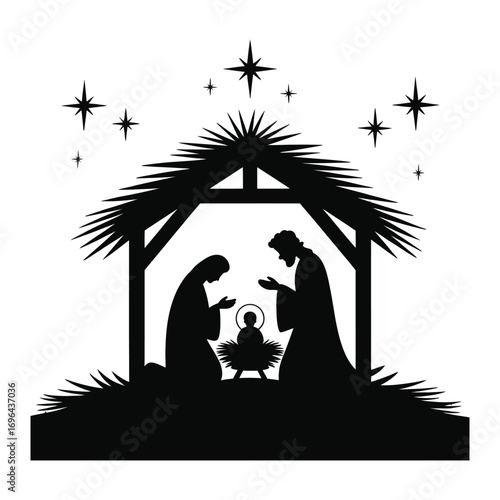 Christmas Nativity Scene Silhouette with Starry Sky and Stable Keywords: nativity, stable, jesus, mary, joseph