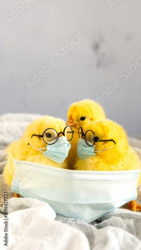Three yellow chicks wearing glasses and masks (1)