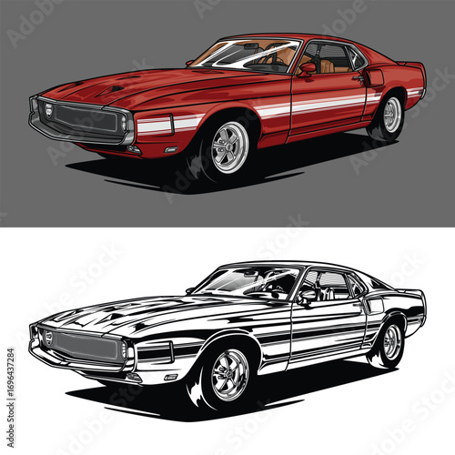 Perspective view muscle car illustration for conceptual design 