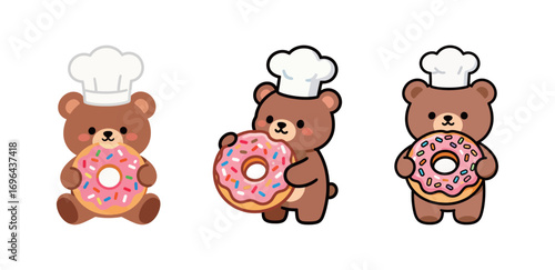 Adorable set of three teddy bears wearing chef hats, holding and eating big pink glazed doughnuts with sprinkles, cute food illustration