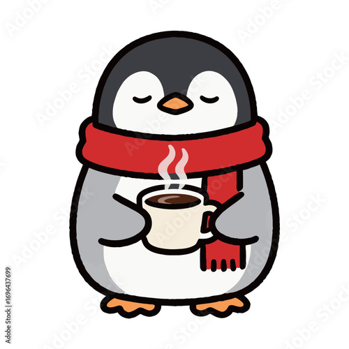 Cute cartoon penguin wearing a red scarf, holding and sipping a mug of hot chocolate, cozy and warm winter holiday theme illustration