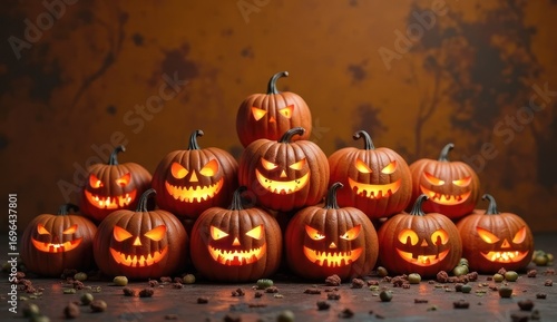 Wallpaper Mural A festive display of carved pumpkins with glowing faces, set against an autumnal background Torontodigital.ca