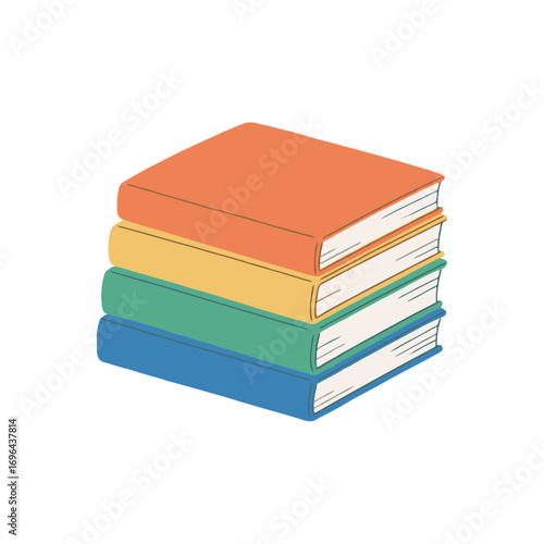 A neat stack of four colorful books, simple and clean cartoon illustration, representing education, reading, and learning on a white background