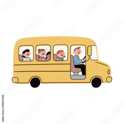 Cheerful cartoon illustration of a school bus with a happy driver and kids waving from the windows, representing transportation and education