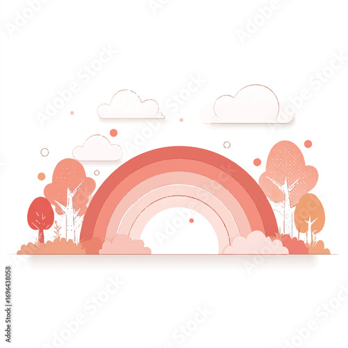 Whimsical landscape illustration featuring a pastel rainbow surrounded by stylized trees and fluffy clouds creating a dreamy atmosphere