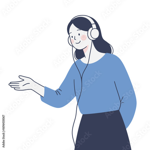 Minimalist illustration of a smiling woman with dark hair wearing headphones, presenting or gesturing with an open hand, simple line art style