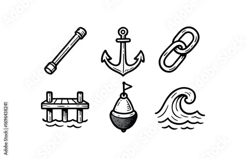 hand drawn cute doodle style line isolated on white background steel shank anchor heavy harbor pier buoy float tide wave