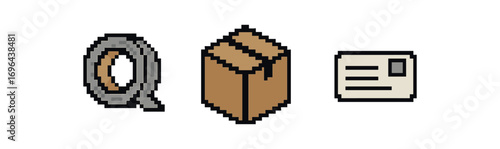 Simple icon fiber tape paper box address label pixel art icons style isolated on transparent background