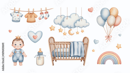 Watercolor baby nursery set with crib and balloons. Cute pastel newborn elements with rainbow and stars.