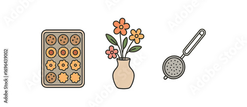 Illustration cookie tray flower vase tea strainer perfect simple colored vector illustration style isolated on transparent background