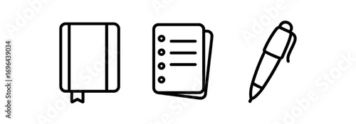 Outline icon different items notebook with ribbon loose sheet pile cozy writing tool perfect icons style isolated on transparent background