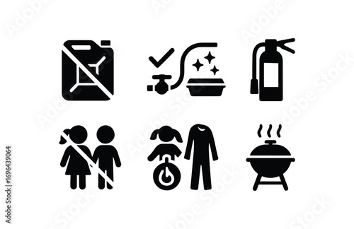 flat black solid icon 8 different items no lighter fluid check gas hose clean grease tray fire extinguisher keep children away turn gas off no loose clothing lid heat warning isolated on