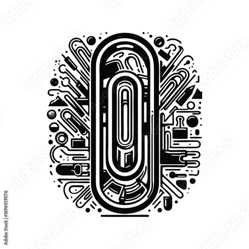 Abstract black and white illustration of a paperclip design