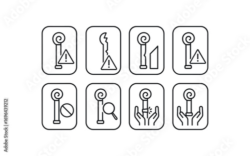 simple outline stroke icon 8 different each item inside rounded rectangle safety placard border no shadows no gradients scroll finial hazard broken scroll finial warning scroll finial crack