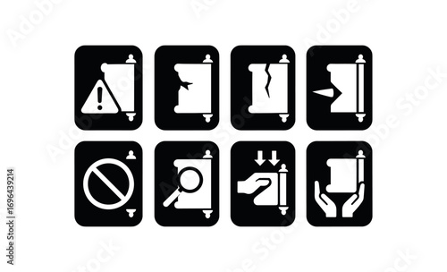 flat black solid icon 8 different items each item inside solid rounded rectangle safety placard no shadows no gradients scroll finial hazard broken scroll finial warning scroll finial crack
