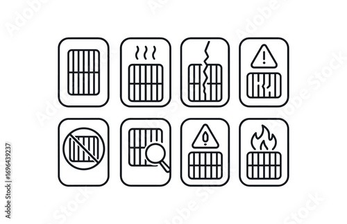 simple outline stroke icon 8 different each item inside rounded rectangle safety placard border no shadows no gradients grill grate bar hazard hot grill grate bar surface broken grill grate