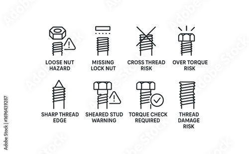 simple outline stroke icon 8 different loose nut hazard missing lock nut cross thread risk over torque risk sharp thread edge sheared stud warning torque check required thread damage risk