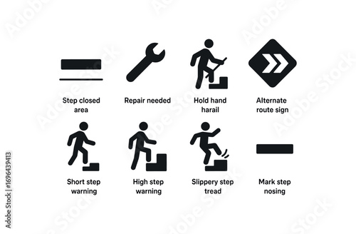 flat black solid icon 8 different items step closed area step repair needed alternate route sign hold handrail short step warning high step warning slippery step tread mark step nosing